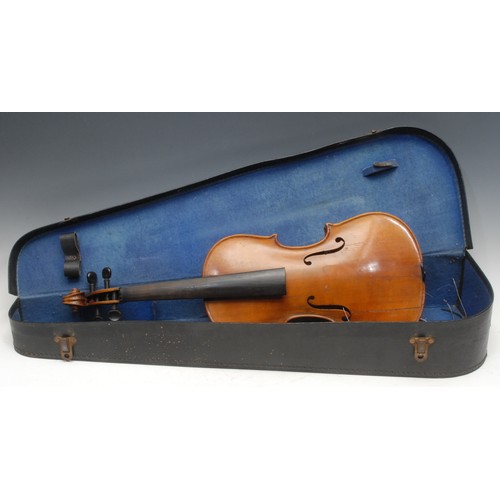 207 - A violin, the two-piece back 35.5cm long excluding button, ebonised tuning pegs, outlined throughout... 