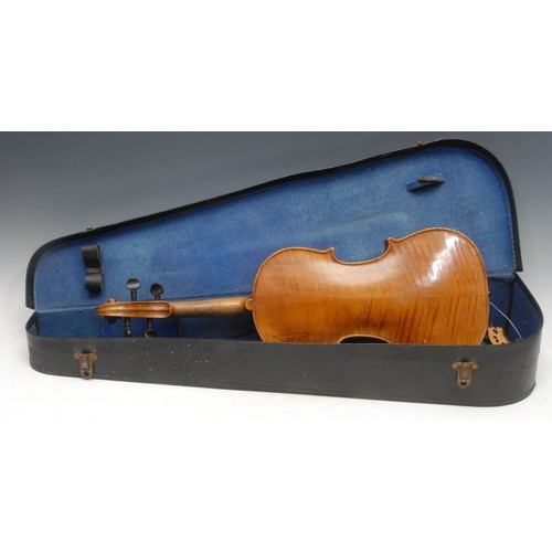 207 - A violin, the two-piece back 35.5cm long excluding button, ebonised tuning pegs, outlined throughout... 