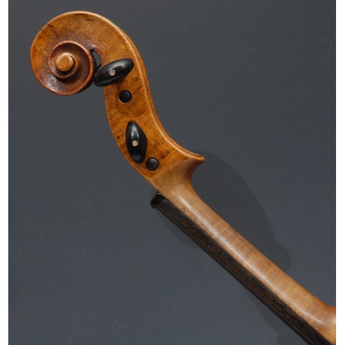 207 - A violin, the two-piece back 35.5cm long excluding button, ebonised tuning pegs, outlined throughout... 