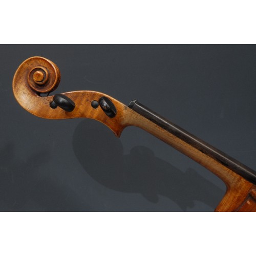 207 - A violin, the two-piece back 35.5cm long excluding button, ebonised tuning pegs, outlined throughout... 