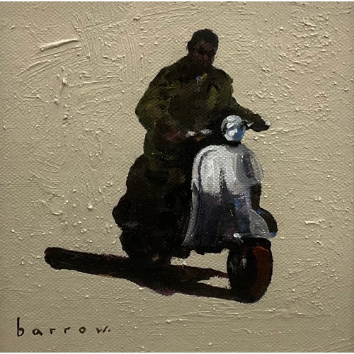 1008 - David Barrow (Bn. 1959)
Figure on a Scooter
signed, signed to verso, oil on board, 15cm x 15cm