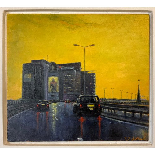 1016 - Terrence J Gilbert (Bn. 1946)
City Lights Sunset
signed, oil on board, 20cm x 23cm