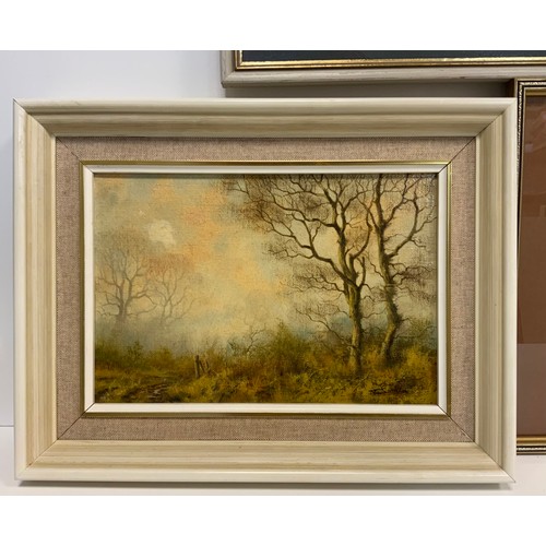 1024 - Trevor Parkin (British, bn. 1935), Misty Woodland Dawn, signed, oil on canvas, 17.5cm 24.5cm, origin... 