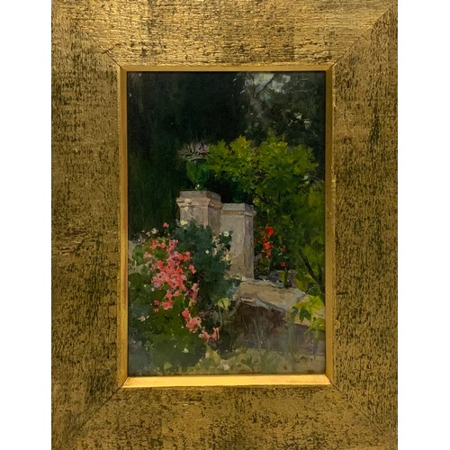 1041 - Graham Petrie (1859-1940) RI, RDI, The Garden Towers, signed, oil on board, 35cm x 23cm.