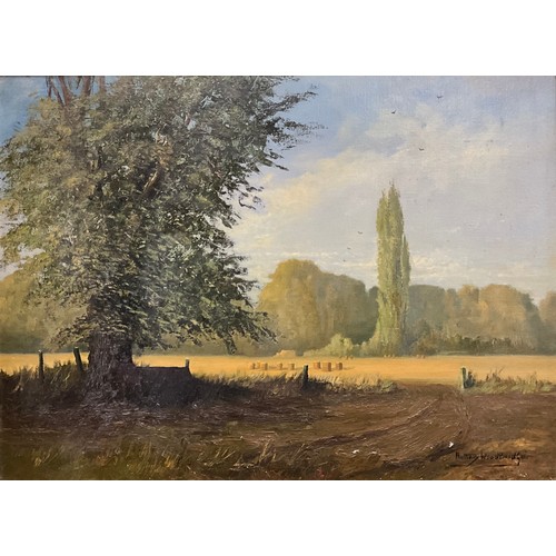 1050 - Anthony Woodbridge (English School, fl. 1980s-) Harvest Time, a Field near Grantham signed, oil on c... 