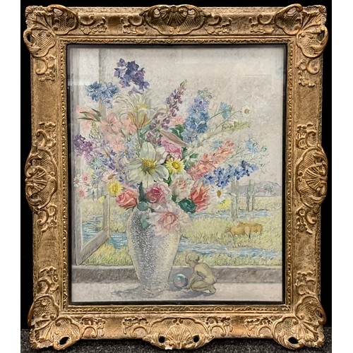 1056 - M. Moore (English school), A Bouquet of Summer, with view across the downs, signed, oil on canvas, d... 