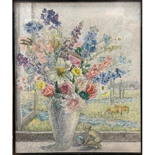 1056 - M. Moore (English school), A Bouquet of Summer, with view across the downs, signed, oil on canvas, d... 