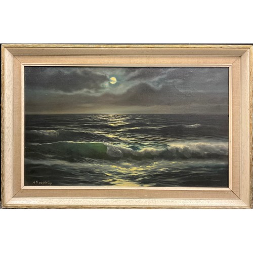 1067 - A. Beardsley 
Rolling Coastal waves by moonlight 
signed, oil on canvas, 31cm x 51cm.