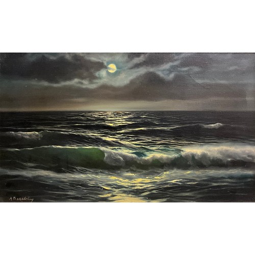 1067 - A. Beardsley 
Rolling Coastal waves by moonlight 
signed, oil on canvas, 31cm x 51cm.