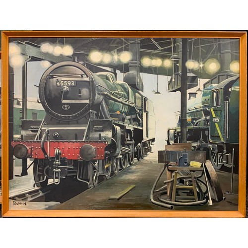 1090 - Derc Bendall (British, 20th century), Locomotive 45593 ‘Kolhapur’, signed, oil on board, 71cm x 94cm... 