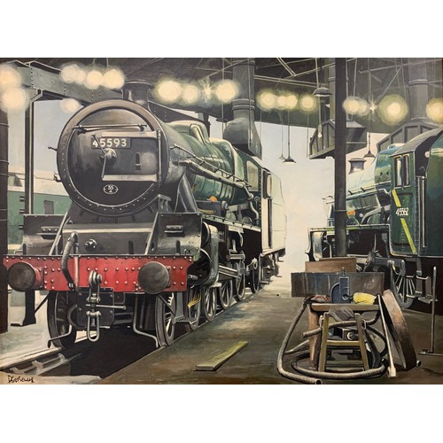 1090 - Derc Bendall (British, 20th century), Locomotive 45593 ‘Kolhapur’, signed, oil on board, 71cm x 94cm... 