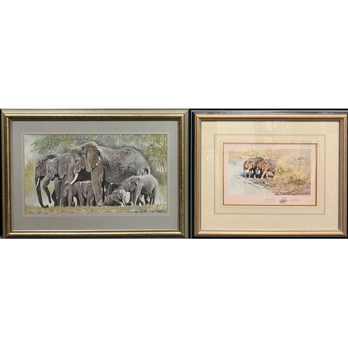 1092 - Derc Bendall (British, 20th century), African Elephants, a family group, signed, dated 1978, gouache... 