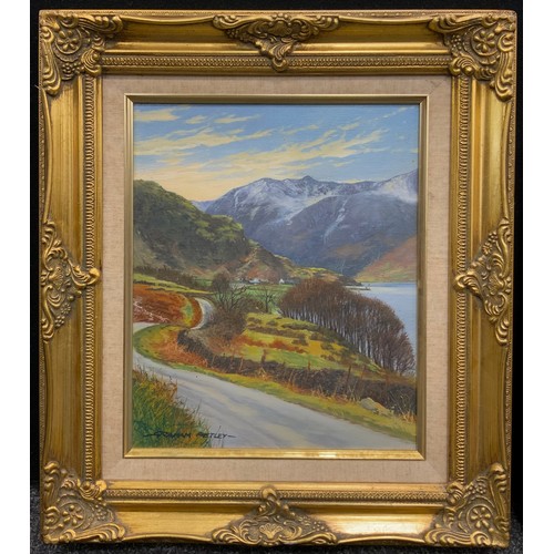 1093 - Graham Petley (British, bn. 1944), November on the road by Crummock Water, signed, oil on canvas, 30... 