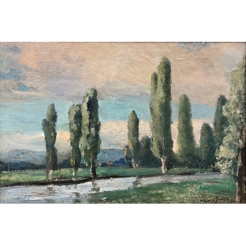 1106 - Owen Bowen (Staithes Group, 1873 - 1967) Riverside Poplars signed, oil on board, 41cm x 60.5cm.