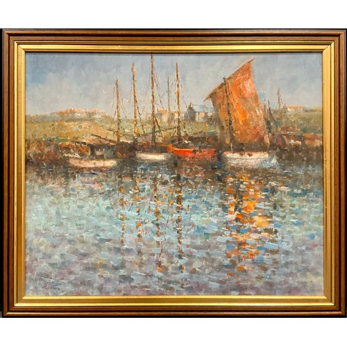 1110 - Laszlo Ritter (Hungarian, 1937-2003), Impressionist school, moored boats with reflections, signed, o... 