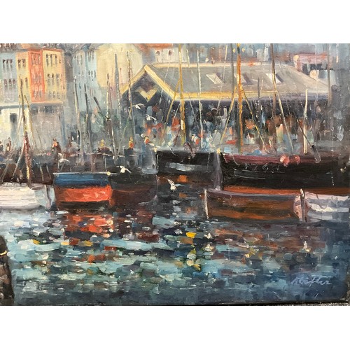 1112 - Laszlo Ritter (Hungarian, 1937-2003) 
Impressionist school, Busy Harbour 
signed, oil on canvas, 61c... 