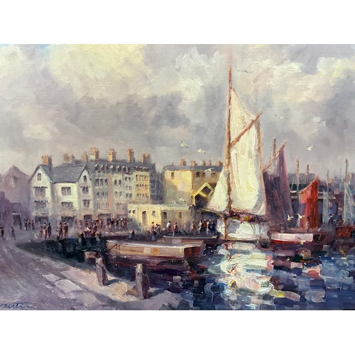 1113 - Laszlo Ritter (Hungarian, 1937-2003) 
Barbican, Plymouth 
signed, oil on canvas, 61cm x 76cm.