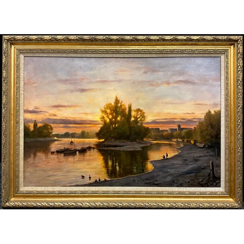 1121 - John Greenwell, (British b.1939) 
The River Thames, Sunset at Brentford 
signed, oil on canvas, 50.5... 