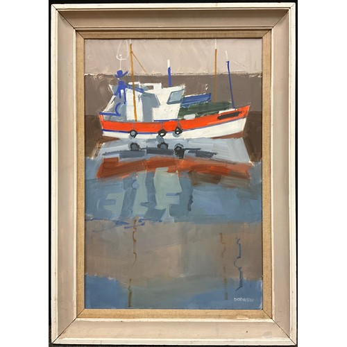 1130 - Samuel Dodwell RI, (British 1909-1990), Quayside boat, reflections, signed, oil on canvas, 61cm x 41... 