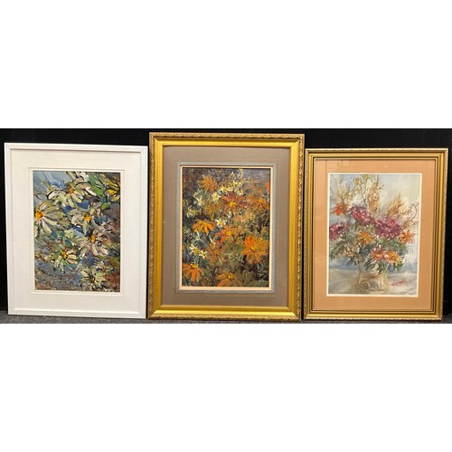 1133 - Yram Allets (Mary Stella) Edwards (1915-2009),  a set of three, floral still life studies, oil on bo... 