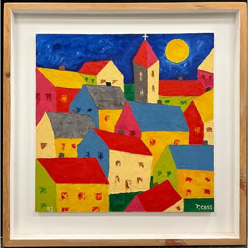 1140 - Tony Cass (British, Modern School), ‘Living in a small town’, signed, oil on board, titled, and date... 