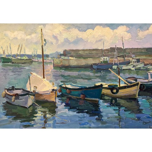 1144 - Trevor Tucker (Cornish School, 20th century) 
Boats at Newlyn, Cornwall 
signed, oil on canvas, 50.5... 