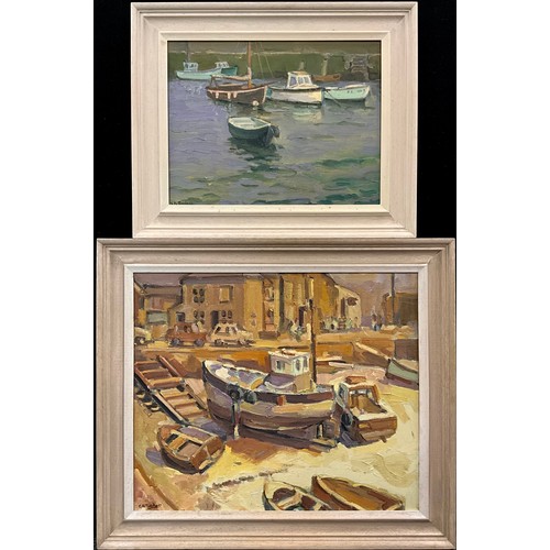 1145 - Trevor Tucker (Cornish School, 20th century), Boats at Low Tide, Mevagissey, Cornwall, signed, oil o... 