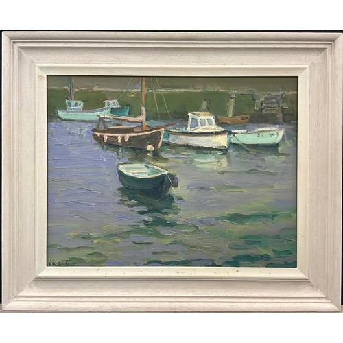 1145 - Trevor Tucker (Cornish School, 20th century), Boats at Low Tide, Mevagissey, Cornwall, signed, oil o... 