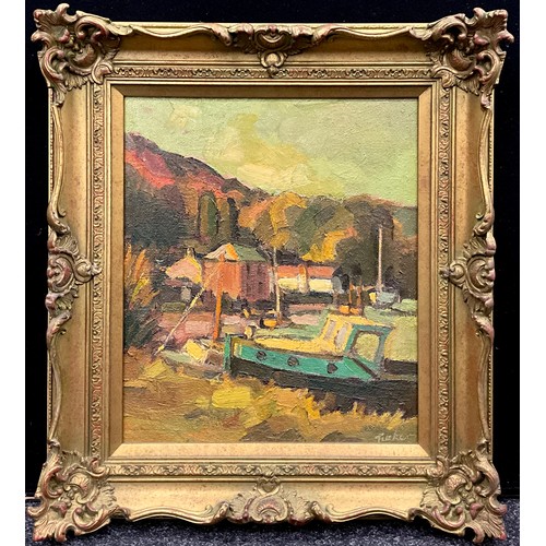 1147 - Trevor Tucker (Cornish School, 20th century), Green Boat at Lerryn, Cornwall, signed, oil on board, ... 