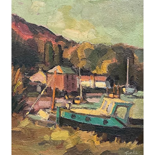 1147 - Trevor Tucker (Cornish School, 20th century), Green Boat at Lerryn, Cornwall, signed, oil on board, ... 