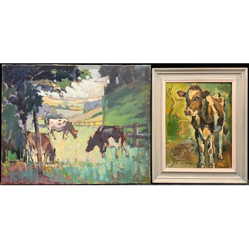 1148 - Trevor Tucker (Cornish School, 20th century), Cows at pasture, early morning, signed, oil on canvas,... 