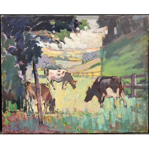 1148 - Trevor Tucker (Cornish School, 20th century), Cows at pasture, early morning, signed, oil on canvas,... 