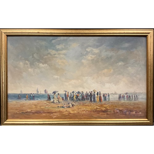 1152 - Laszlo Ritter (Hungarian, 1937-2003) Victorian Beach Gathering, signed, oil on board, 38.5cm x 63.5c... 