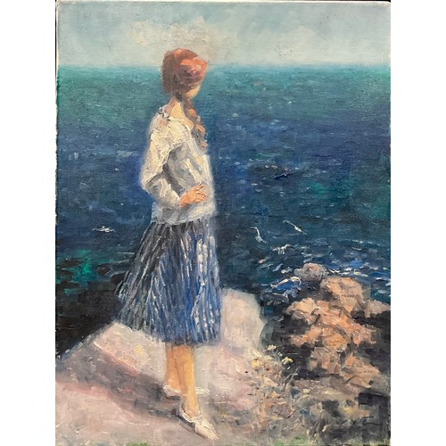 1154 - Laszlo Ritter, (Hungarian school), Young Lady Gazing out to Sea, signed, oil on canvas, 40.5cm x 30.... 