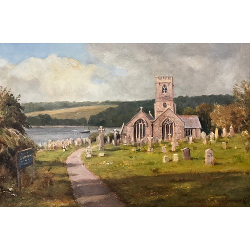 1156 - John Greenwell, (British b.1939) 
Church at St. Winnow, on River Fowey, Cornwall 
signed, oil on can... 