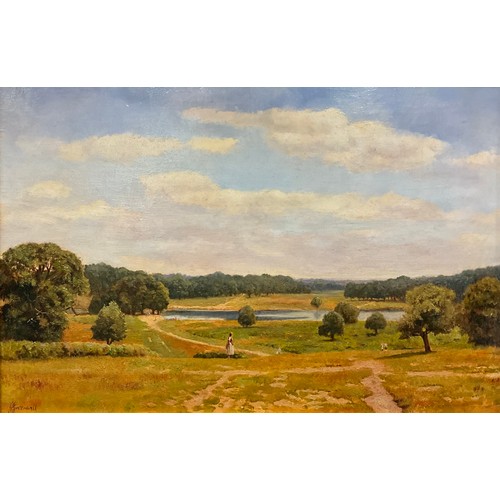 1157 - John Greenwell, (British b.1939), Penn Pond, Richmond Park, signed, oil on canvas, dated 1987 verso,... 