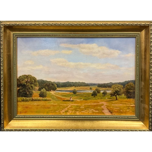 1157 - John Greenwell, (British b.1939), Penn Pond, Richmond Park, signed, oil on canvas, dated 1987 verso,... 