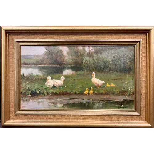 1158 - John Greenwell, (British b.1939), First Outing, Pondside ducks with ducklings, signed, oil on canvas... 