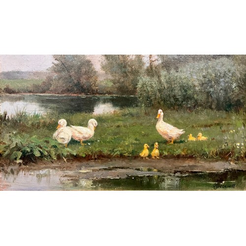 1158 - John Greenwell, (British b.1939), First Outing, Pondside ducks with ducklings, signed, oil on canvas... 