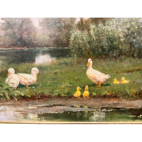 1158 - John Greenwell, (British b.1939), First Outing, Pondside ducks with ducklings, signed, oil on canvas... 