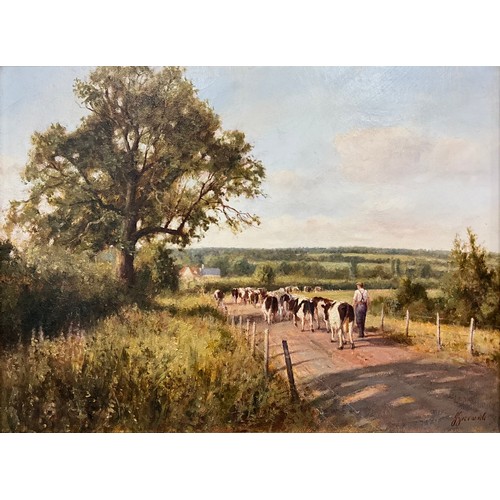 1160 - John Greenwell, (British b.1939), Taking the Herd to Pasture, signed, oil on canvas, 30.5cm x 40.5cm... 