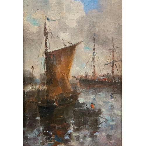 1162 - British Impressionist school, 20th century, Quayside Barge, oil on board, 21.5cm x 15cm.