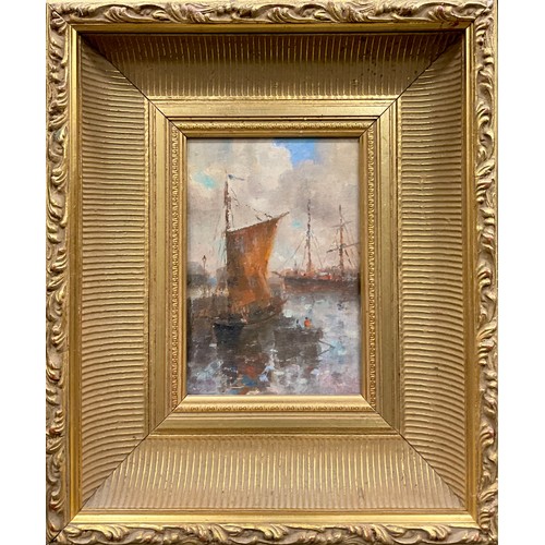 1162 - British Impressionist school, 20th century, Quayside Barge, oil on board, 21.5cm x 15cm.