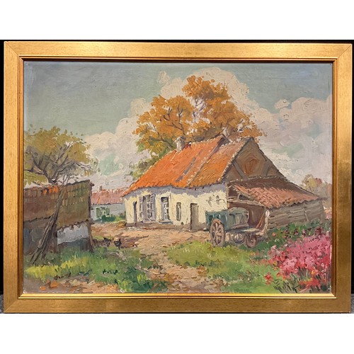 1167 - Continental school, Farm Yard with Chickens, indistinctly signed, oil on canvas, mid 20th century, 6... 