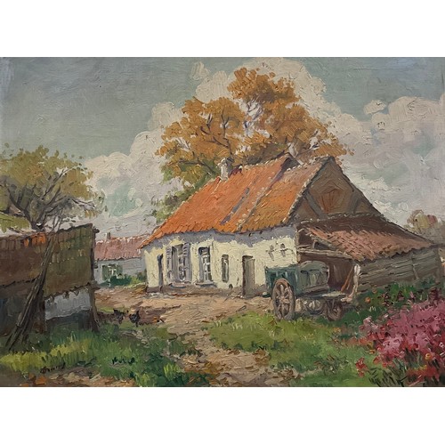 1167 - Continental school, Farm Yard with Chickens, indistinctly signed, oil on canvas, mid 20th century, 6... 