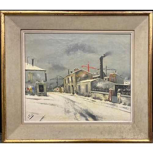 1168 - G. Fino (French, mid 20th century), La Rue Enneige, Road in the Snow, Industrial Landscape, signed, ... 