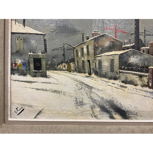 1168 - G. Fino (French, mid 20th century), La Rue Enneige, Road in the Snow, Industrial Landscape, signed, ... 