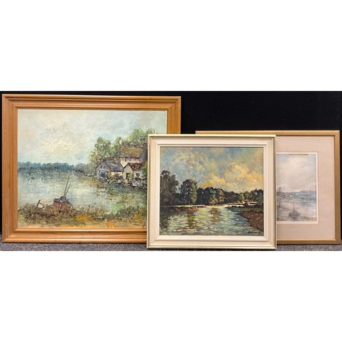 1174 - Yram Allets (Mary Stella Edwards), Helford, signed, oil on board;  John Edwards, On the Exe, signed,... 