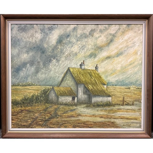 1208 - In the manner of Jim Gilbert, A Thatched Cottage, signed ‘Gilbert’, oil on canvas, 52cm x 65cm.