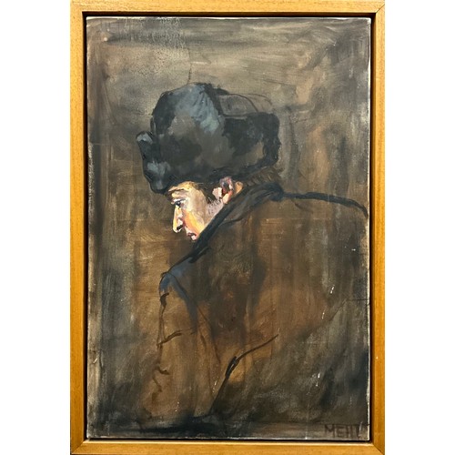 1221 - Molly Trefgarne (Welsh school),
Portrait of a man wearing a Russian Ushanka hat, 
signed MEHT lower ... 